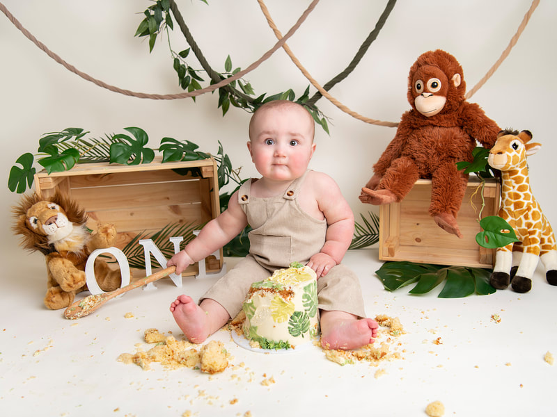 Bespoke cake smash photography in Sheffield for babies first birthday photo shoot. 