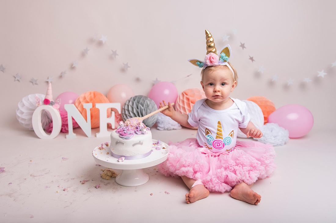 Little Elle's Unicorn Theme Studio Cake Smash 1st Birthday Photoshoot |  www.whimsiephoto.com